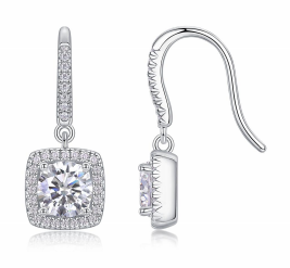 Boucles d’Oreilles Drop Coussin Halo Moissanite VVS – S925