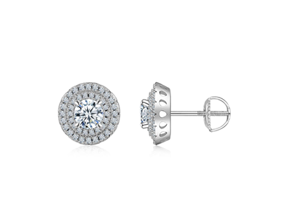 Round Double Halo Stud Earrings Moissanite VVS – S925