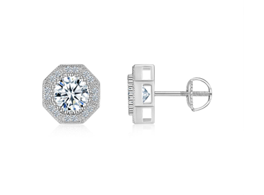 Octagonal Halo Solitaire Stud Earrings Moissanite VVS – S925