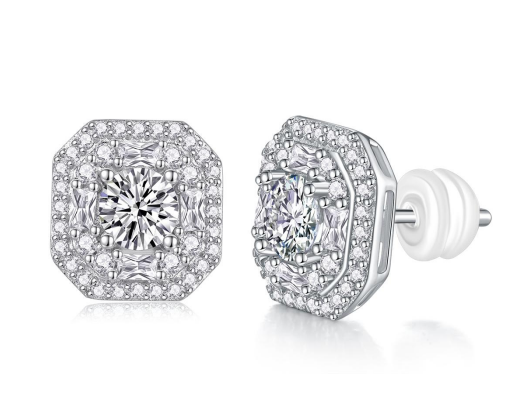 Studs Octogonaux Halo Moissanite VVS – S925