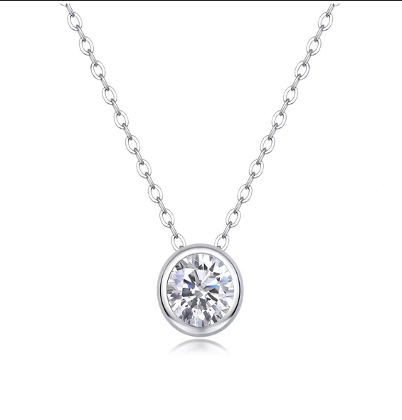 Bezel Solitaire Necklace Round Moissanite VVS – S925