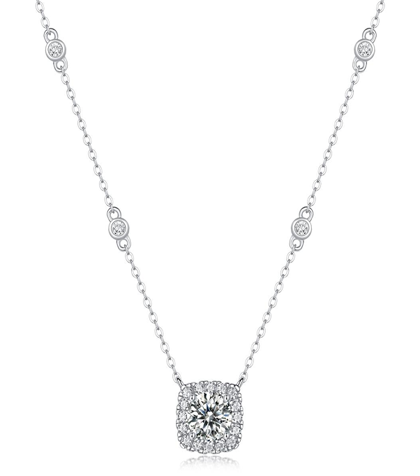 Halo Cushion Necklace Round Moissanite VVS – S925