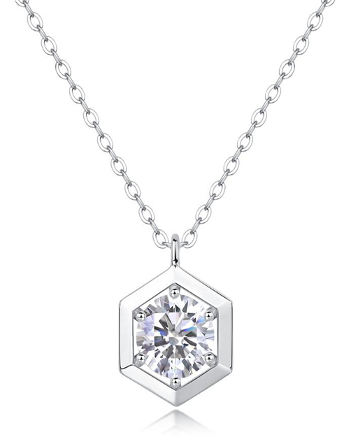 Hexagon Solitaire Necklace Round Moissanite VVS – S925