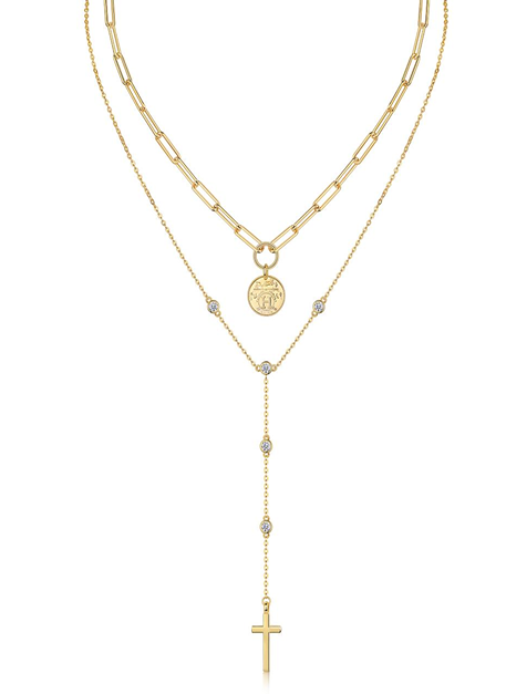 Layered Coin & Cross Necklace Moissanite VVS – S925