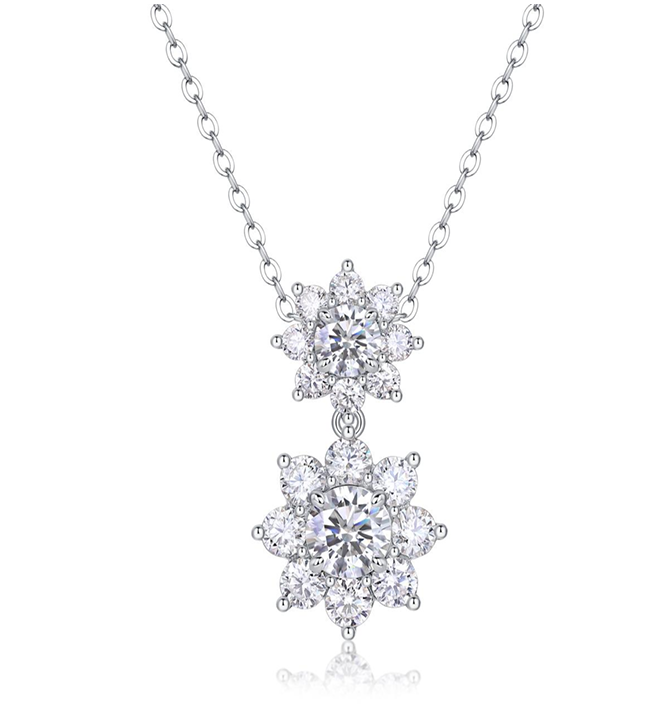 Double Flower Drop Necklace Round Moissanite VVS – S925