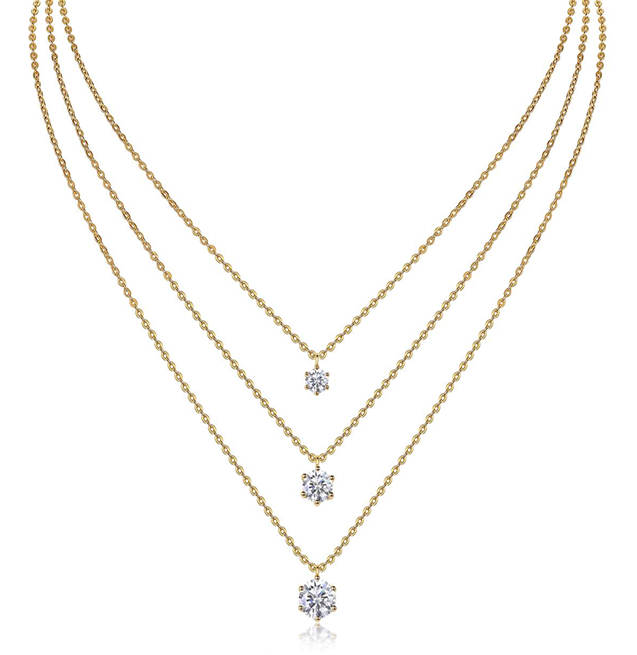 Triple Layered Solitaire Necklace Round Moissanite VVS – S925