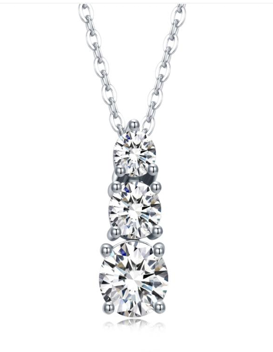 Three Stone Drop Necklace Round Moissanite VVS – S925