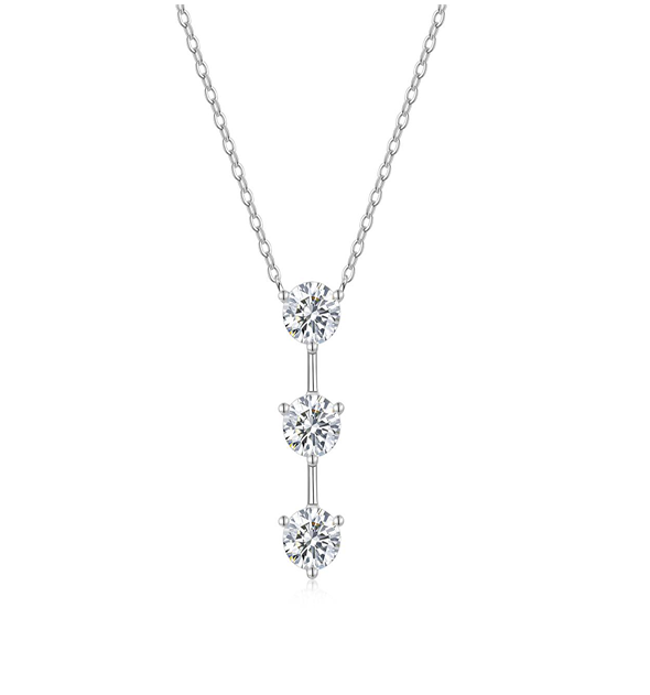 Triple Solitaire Drop Necklace Round Moissanite VVS – S925