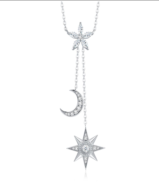 Celestial Drop Necklace Moon & Star Moissanite VVS – S925