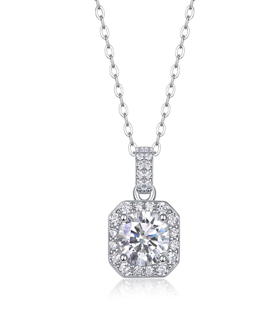 Square Halo Solitaire Necklace Moissanite VVS – S925