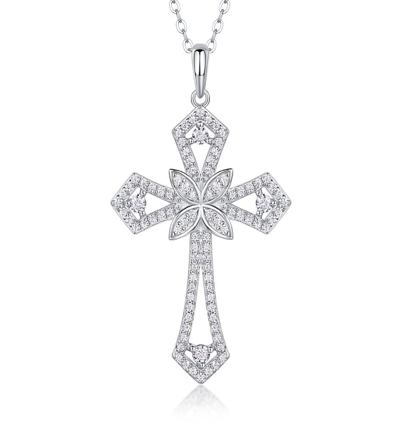 Floral Cathedral Cross Necklace Moissanite VVS – S925