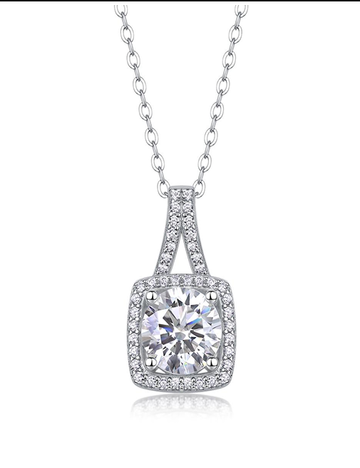 Square Halo Solitaire Necklace Moissanite VVS – S925