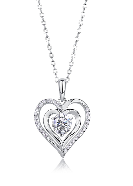 Double Heart Dancing Stone Necklace Moissanite VVS – S925