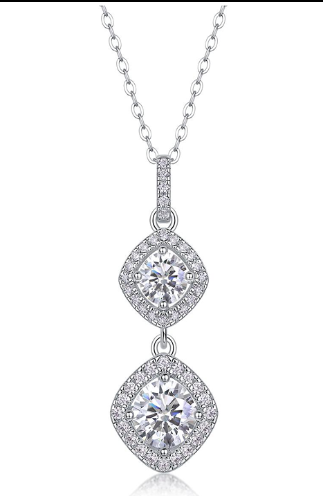 Double Drop Halo Necklace Moissanite VVS – S925