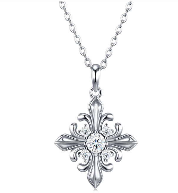 Fleur de Lys Cross Necklace Moissanite VVS – S925