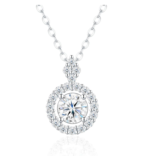 Double Halo Solitaire Necklace Moissanite VVS – S925